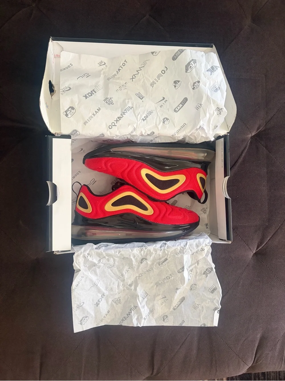 Nike Air Max 720 Red and Black Sneakers with Gold Accents